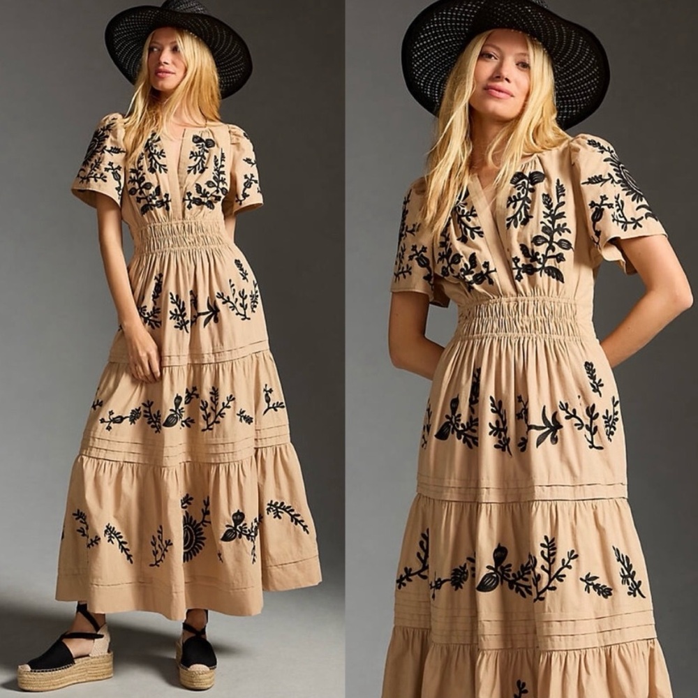 Anthropologie Tan Maxi Sundress with Flutter Sleeves